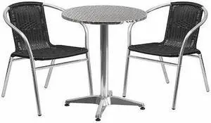 23.5'' Round Aluminum Indoor-Outdoor Table Set with 2 Black Rattan Chairs