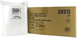 RELOC ZIPPIT 6R810 Reclosable Bag, Zip Seal, 10 in L, 8 in W, 6 mil Thick,
