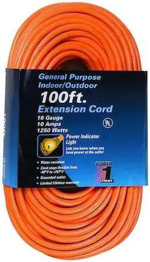 ZORO SELECT 1FD54 SJTW Extension Cord, 16 AWG 1 Outlet, 5-15R, Orange, PVC,