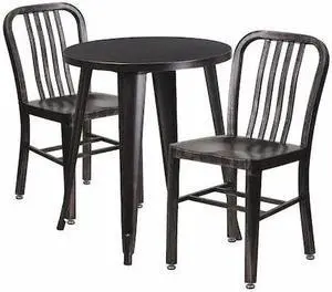 Flash Furniture Napoleon Indoor-Outdoor 24" Round Table Set with 2 Vertical Slat Back Chairs Black-Antique Gold (CH518TH218VBQ)
