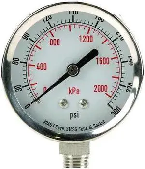 ZORO SELECT 4FMN6 Commercial Pressure Gauge, 0 to 300 psi, 2 1/2 in Dial, 1/4