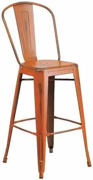 Commercial Grade 30" High Distressed Orange Metal Indoor-Outdoor Barstool with Back