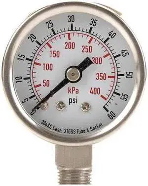 ZORO SELECT 4FMJ1 Commercial Pressure Gauge, 0 to 60 psi, 1 1/2 in Dial, 1/8 in