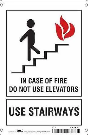 CONDOR 485F21 Safety Sign, Aluminum, 7 in W, 10 in H, IN CASE OF FIRE DO NOT