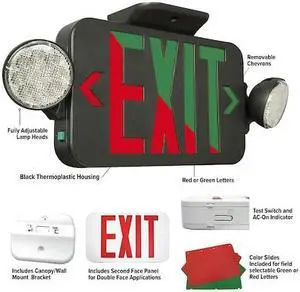 COMPASS CCRGB LED Exit Sign / Emergency Light Combo, Field Select Red/Green,