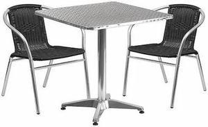 27.5'' Square Aluminum Indoor-Outdoor Table Set with 2 Black Rattan Chairs