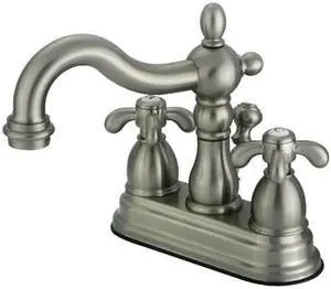 Two Handle 4" Centerset Lavatory Faucet with Brass Pop-up in Satin Nickel by Kingston Brass