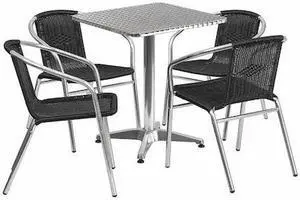 23.5'' Square Aluminum Indoor-Outdoor Table Set with 4 Black Rattan Chairs