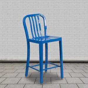 Flash Furniture 24" High Blue Metal Indoor-Outdoor Counter Height Stool with Vertical Slat Back 2 Pack (2CH6120024BL)