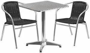 23.5'' Square Aluminum Indoor-Outdoor Table Set with 2 Black Rattan Chairs