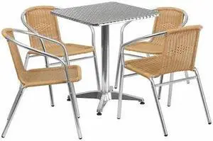 23.5'' Square Aluminum Indoor-Outdoor Table Set with 4 Beige Rattan Chairs