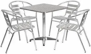 27.5'' Square Aluminum Indoor-Outdoor Table Set with 4 Slat Back Chairs