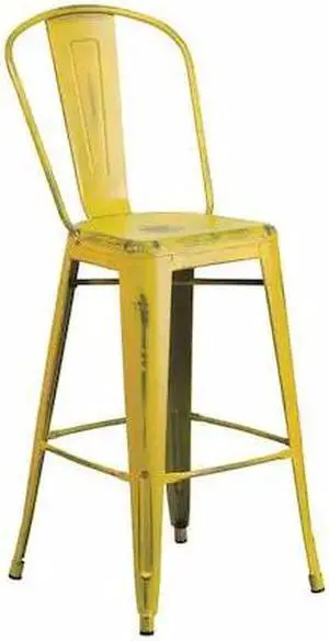 Commercial Grade 30" High Distressed Yellow Metal Indoor-Outdoor Barstool with Back
