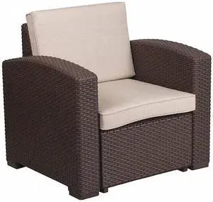 Chocolate Brown Faux Rattan Chair with All-Weather Beige Cushion