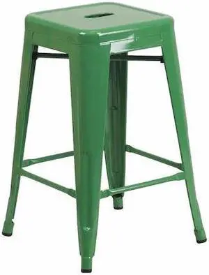Commercial Grade 24" High Backless Green Metal Indoor-Outdoor Counter Height Stool with Square Seat