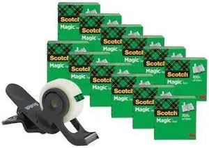Scotch 810K12C19 Clip Dispenser Value Pack, 1" Core, Charcoal, Plus 12 Tape Rolls 3/4" x 1000"