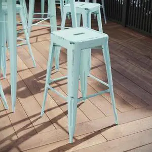 Commercial Grade 30" High Backless Distressed Green-Blue Metal Indoor-Outdoor Barstool