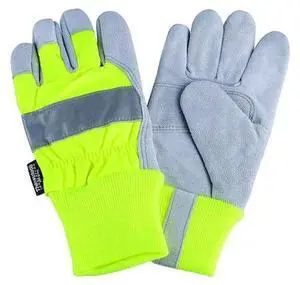 CONDOR 4NHF2 Leather Gloves, Cowhide, Knit Cuff, Wing Thumb, Full Finger, Lime,