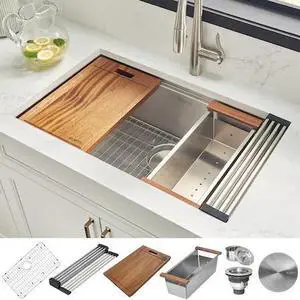 RUVATI RVH8310 30" Workstation Ledge Undermount 16 Gauge SS Kitchen Sink Single