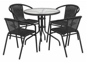 Flash Furniture Lila 28'' Round Table with 4 Rattan Stack Chairs Black (TLH087RD037BK4)