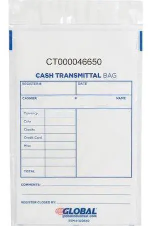 GLOBAL INDUSTRIAL 320840 Cash Transmittal Bag, 6W x 9H, Clear, 100PK