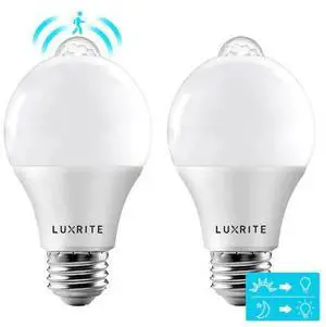 LUXRITE LR21483-2PK A19 LED Light Bulbs Dusk to Dawn Motion Sensor 9W=60W 800LM