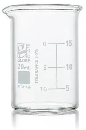 GLOBE SCIENTIFIC 8010020 Beaker, Globe Glass, 20mL, Low Form Griffin Style,