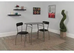 Sutton 3 Piece Space-Saver Bistro Set with Black Glass Top Table and Black Vinyl Padded Chairs