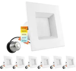 LUXRITE LR23785-6PK 4 Inch Square LED Recessed Can Lights 5 CCT Selectable