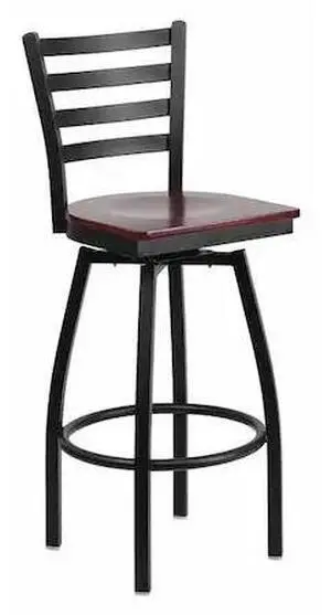 HERCULES Series Black Ladder Back Swivel Metal Barstool - Mahogany Wood Seat