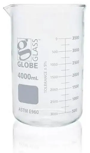 GLOBE SCIENTIFIC 8014000 Beaker, Globe Glass, 4000mL, Low Form Griffin Style,