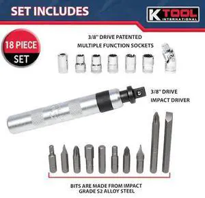 K-TOOL INTERNATIONAL KTI71717 18-Piece 3/8 Drive Impact Driver Set With Multi-