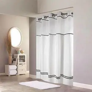 HOOKLESS HBH40MYS0110SL74AM Shower Curtain, Plastic, Black, White, 71 in W, 74