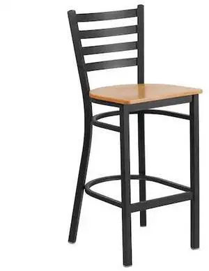 HERCULES Series Black Ladder Back Metal Restaurant Barstool - Natural Wood Seat