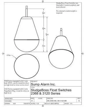 SUMP ALARM SA-2368-33 Sewage/Septic Wire Lead Float Switch, Non Tethered, 100