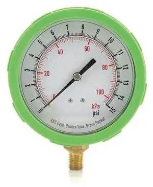 ZORO SELECT 4EFH1 Pressure Gauge, 0 to 30 psi, 1/4 in MNPT, Plastic, Green