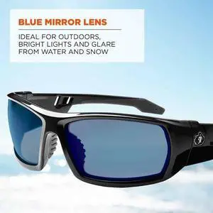ERGODYNE ODIN ODIN, Safety Glasses, Uncoated, Blue Mirror Lens, Black Frame,