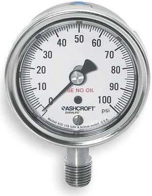 ASHCROFT 251009SW02LX6B100 Industrial Pressure Gauge, 0 to 100 psi, 2 1/2 in