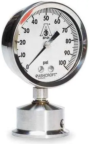 ASHCROFT 25-1032S-15L-100 Pressure Gauge, 0 to 100 psi, 2 1/2 in Dial, 1 1/2 in