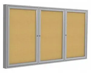 Ghent PA34896K  3 Door Enclosed Natural Cork Bulletin Board with Satin Frame - 96" x 48" - Tan Surface, Satin Aluminum Frame