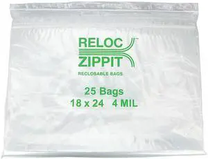 RELOC ZIPPIT 4R1824 Reclosable Bag, Zip Seal, 24 in L, 18 in W, 4 mil Thick,