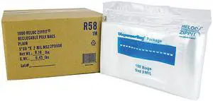 RELOC ZIPPIT R58 Reclosable Bag, Zip Seal, 8 in L, 5 in W, 2 mil Thick,