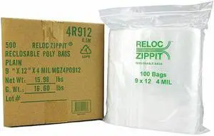 RELOC ZIPPIT 4R912 Reclosable Bag, Zip Seal, 12 in L, 9 in W, 4 mil Thick,