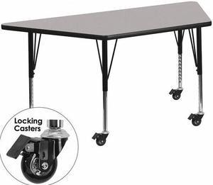 Mobile 29.5''W x 57.25''L Trapezoid Grey Thermal Laminate Activity Table - Height Adjustable Short Legs
