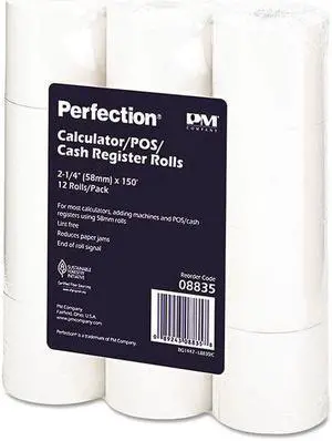 PM Company Paper Rolls One Ply Cash Register/Add Roll 2 1/4" x 150 ft White 12