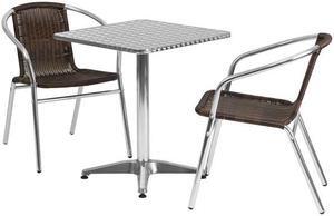 23.5'' Square Aluminum Indoor-Outdoor Table Set with 2 Dark Brown Rattan Chairs