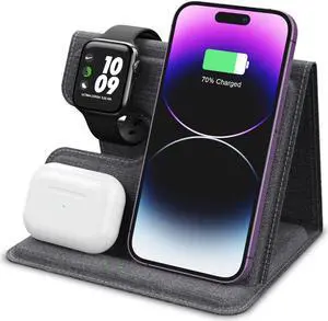 Alpha Digital PU Leather 3 in 1 Wireless Charger Stand for iPhone, AirPods, iWatch, Cellphones/Earbuds with wireless charging function, 18W high power, Efficient induction, Intelligent indicator light