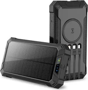 ALPHA DIGITAL Outdoor Portable Power Bank w/ Emergency Solar Recharging, Wireless Charging, Built-in 4 Cables, 20000mAh Battery, IP65 Waterproof, Dustproof, Digital Display power, Dual LED Flashlight