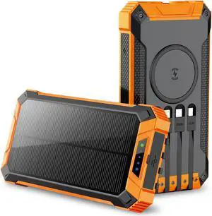 ALPHA DIGITAL Outdoor Portable Power Bank w/ Emergency Solar Recharging, Wireless Charging, Built-in 4 Cables, 20000mAh Battery, IP65 Waterproof, Dustproof, Digital Power Display, Dual Flashlight