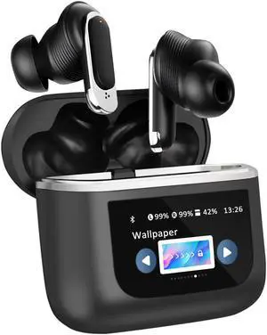 Alpha Digital Wireless  Bluetooth 5.3 Earbud Headphones with LCD Full-color Touch Screen, True Noise Cancelling, 1.47inch Screen, 32H Playback, IP4 Waterproof, Lightweight